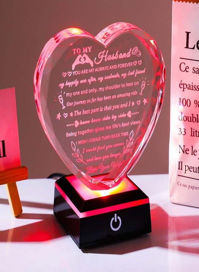 YWHL Gifts for Husband from Wife with Colorful LED Base Anniversary Birthday Gifts for Husband to My Husband Crystal Heart keepsake I Love You Gifts for Him on Valentine Christmas Fathers Day - Image 3